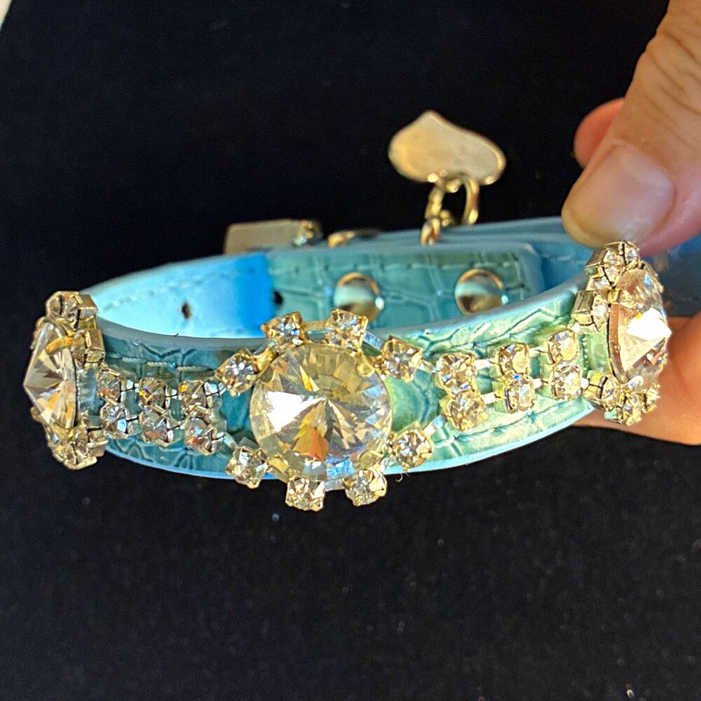 Blue Faux Leather Adjustable Rhinestone Dog Collar Size xsmall w/ Heart bling